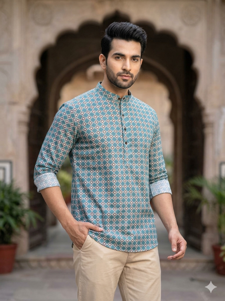 Men's Cotton Blend Solid Full Sleeve Short Kurta Shirt