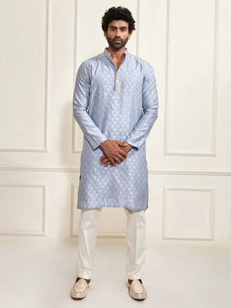 Men’s Aqua Silk Blend Kurta Pyjama Set (Cropped)