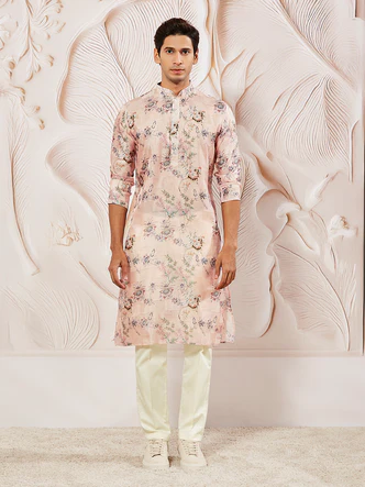 Mens Beige Floral Printed Kurta