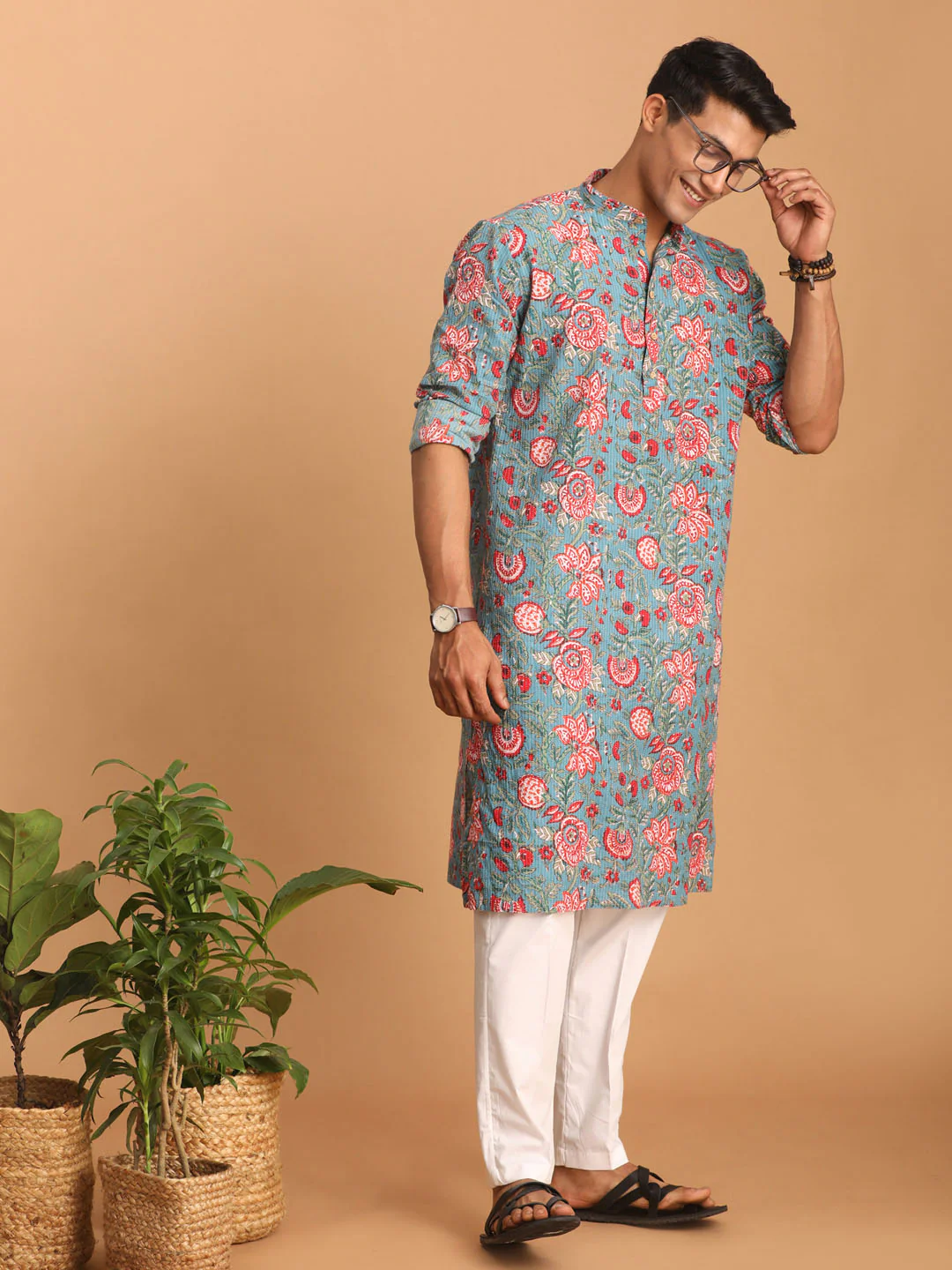 Mens Blue And Red Floral Printed Cotton Kurta
