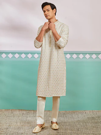 Mens Green Cotton Sequin Ombre Kurta