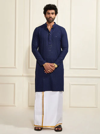 Mens Navy Blue Rayon Cotton Kurta