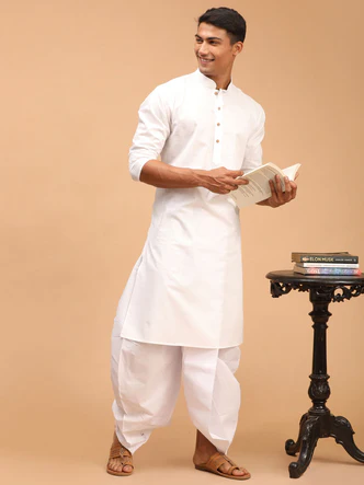 Mens White Cotton Blend Solid Kurta