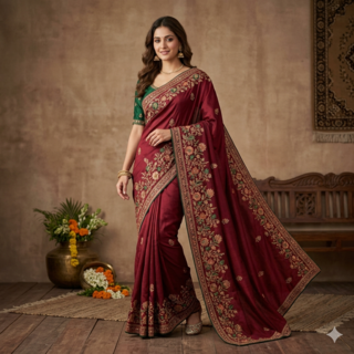 Aqua Elegance Bridal Drape Saree Maroon color