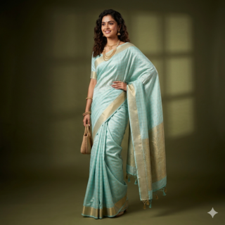 Aqua Elegance Bridal Drape Saree Blue color