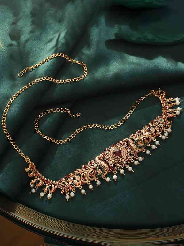 Pink & Green Stone Studded & Pearl Beaded Hipchain