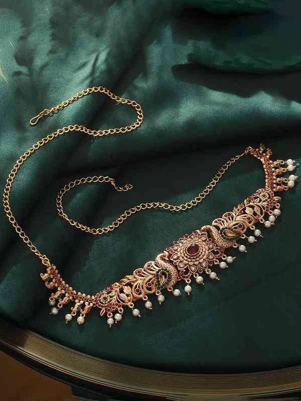 Pink & Green Stone Studded & Pearl Beaded Hipchain