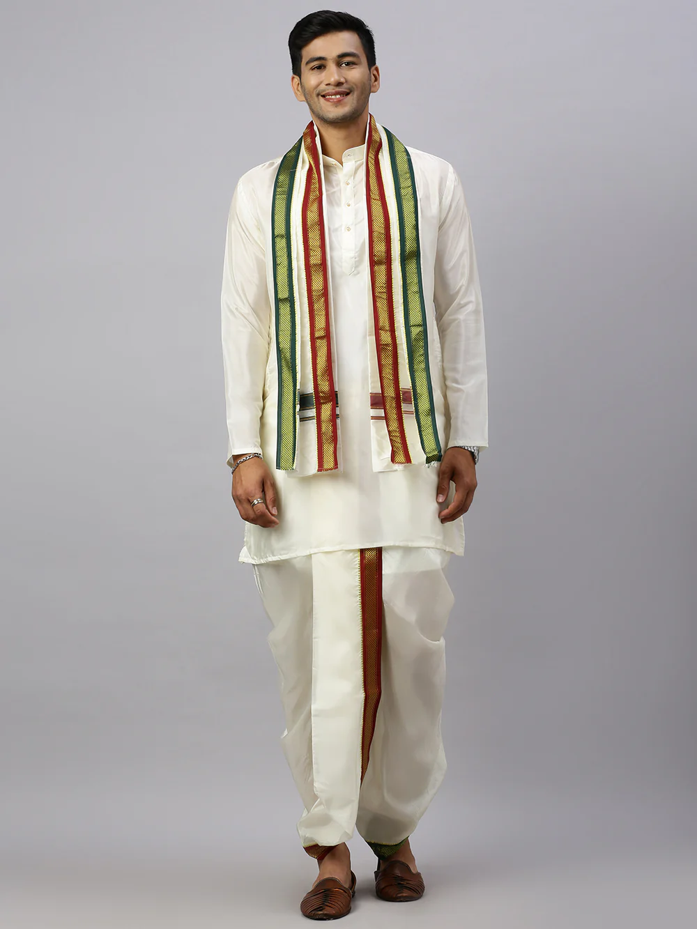 Men Art Silk Kurta Readymade Elastic Panchakacham & Towel Set