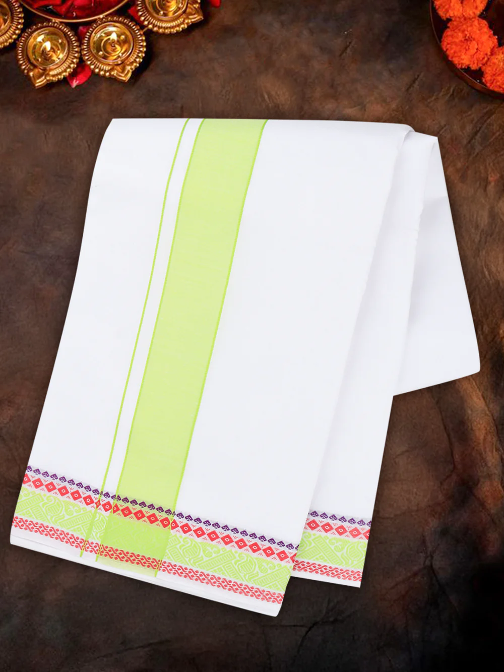 Men Cotton Green Fancy Border Panchakacham