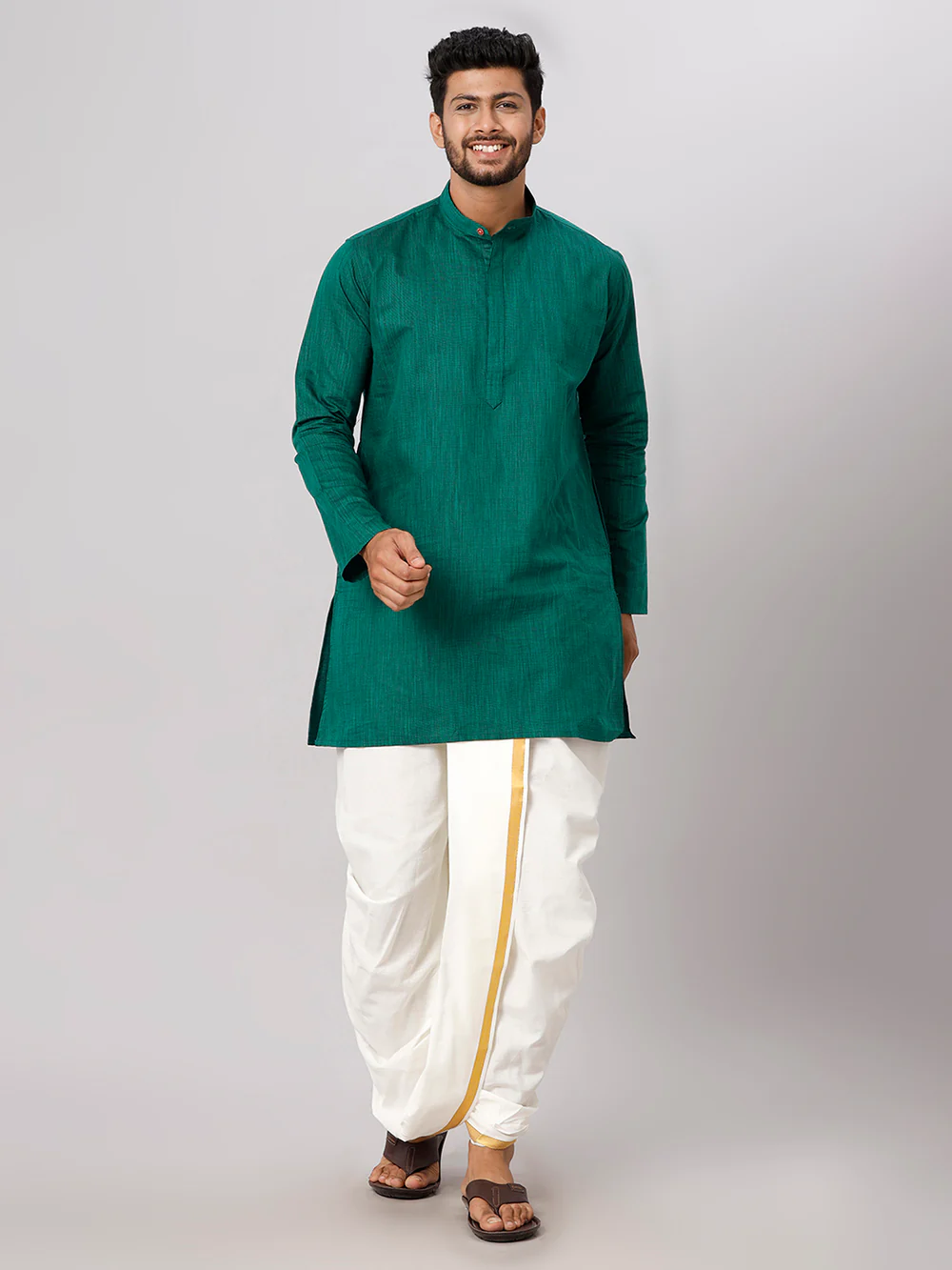 Men Medium Length Kurta with Cream Readymade Elastic Panchakacham Set