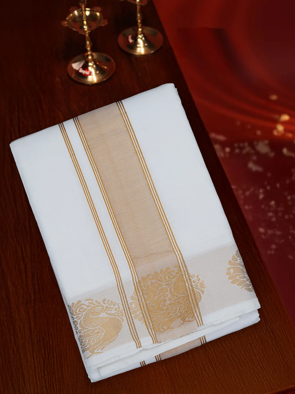 Men White Cotton Gold Fancy Jari Border Panchakacham