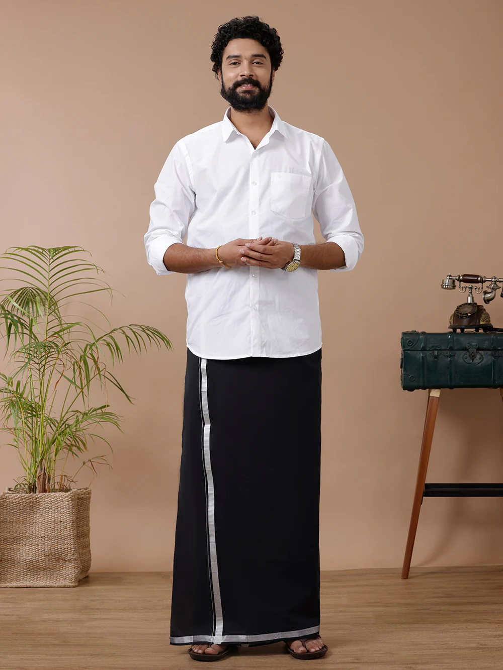 Men Cotton Blend Single Layer Silver Black Dhoti