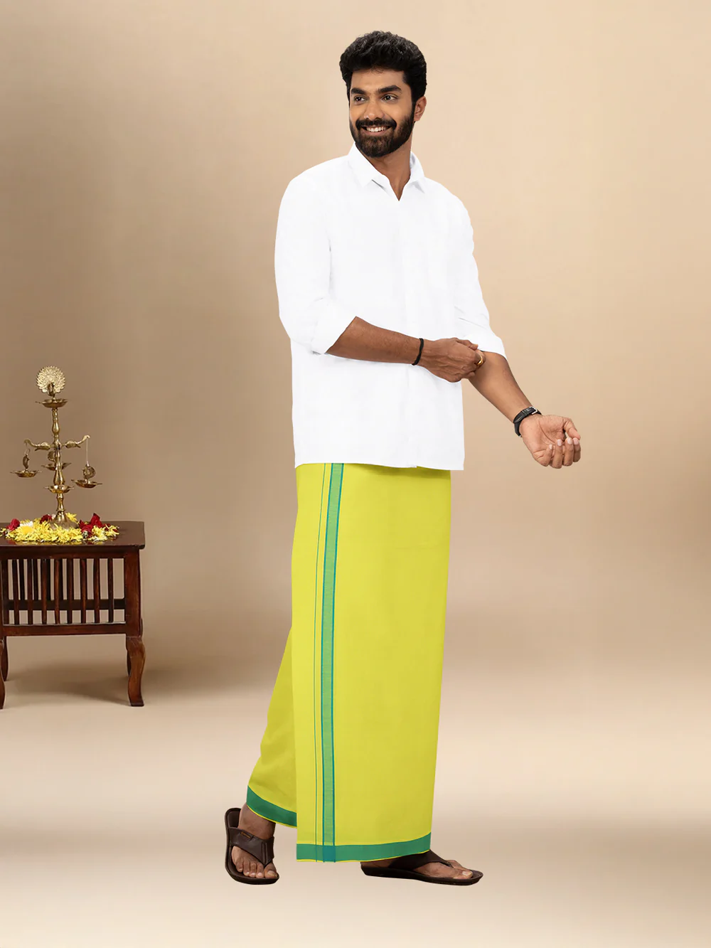 Men 100% Cotton Single Layer Lime Yellow Dhoti