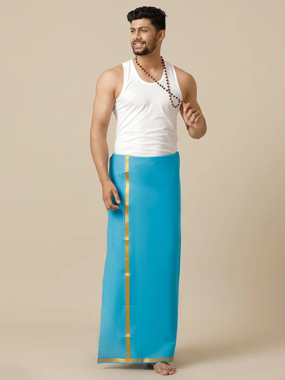 Men Cotton Blend Single Layer Blue Dhoti with Gold