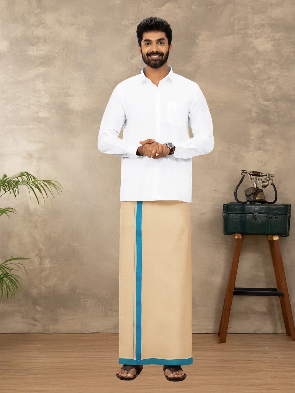 Men Cotton Blend Single Layer Gold Dhoti