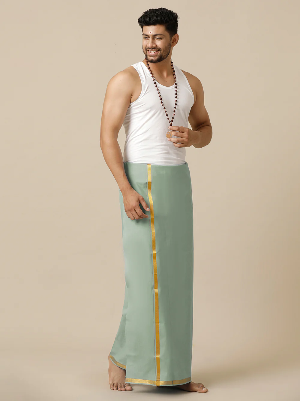 Men Cotton Blend Single Layer Green Dhoti with Gold