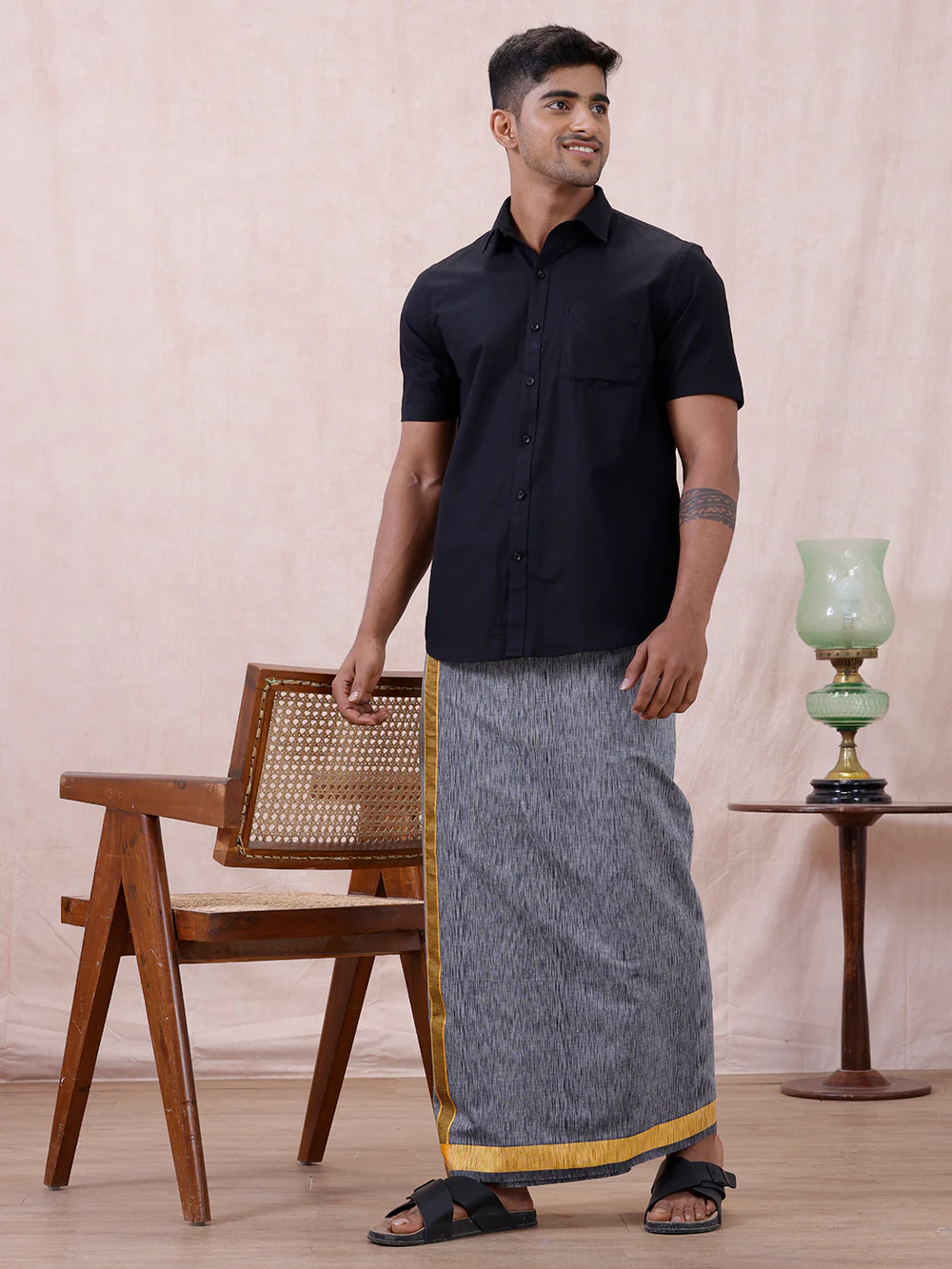 Men Cotton Blend Single Layer Grey Dhoti