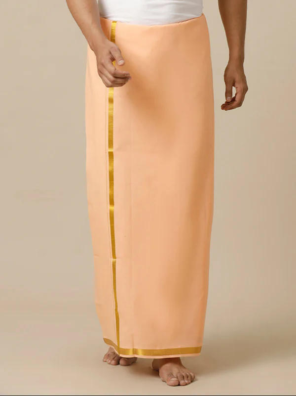 Men Cotton Blend Single Layer Peach Dhoti with Gold