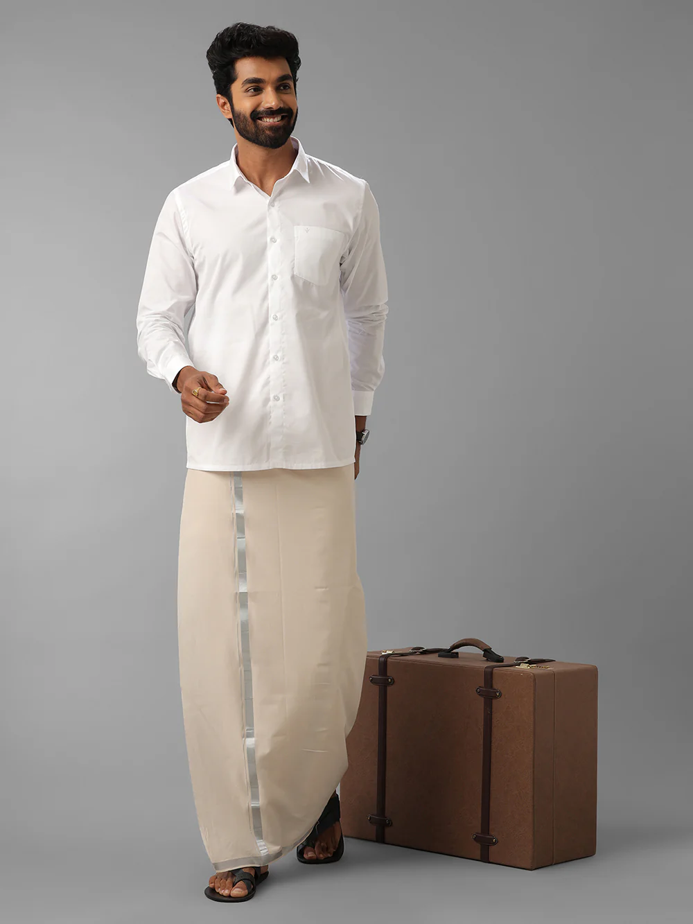 Men Cotton Blend Single Layer Sandal Dhoti with Silver Jari