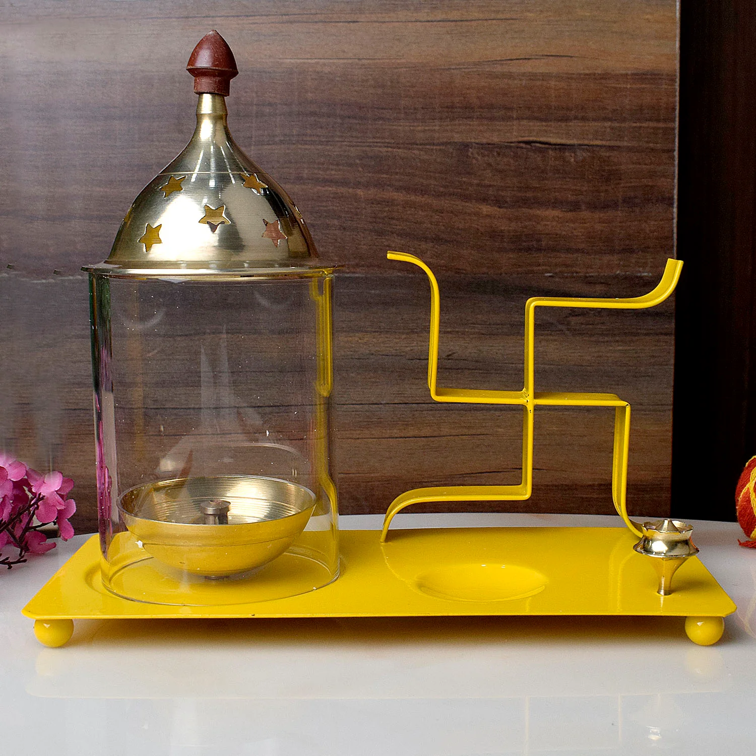Brass & Metal Swastik Chimney Diya Tray with Incence Holder