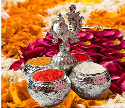 Denique German Silver Plated Choumukh Haldi Kumkum Bowl