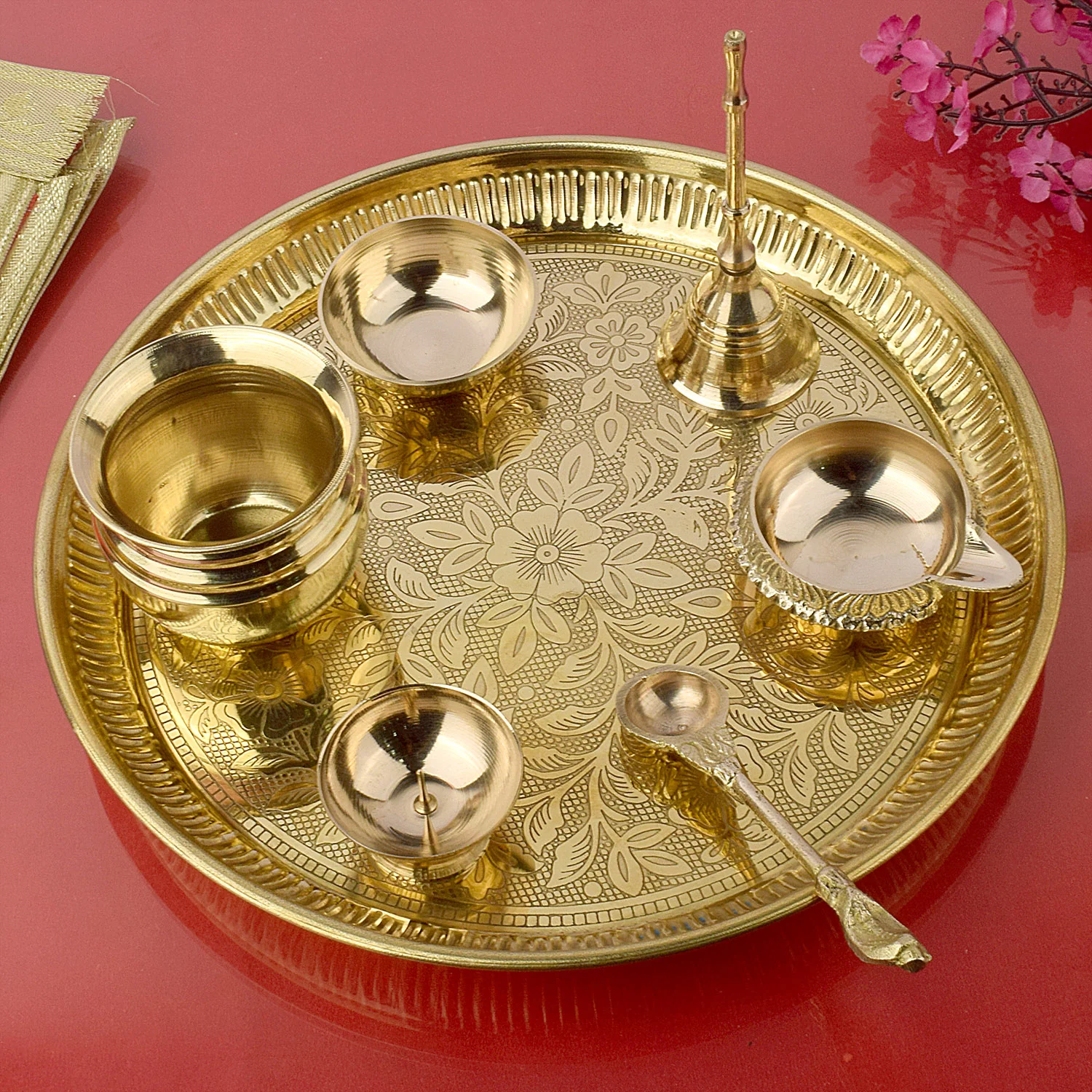 7 Piece Brass Designer Pooja Thali Set