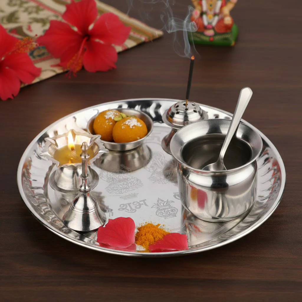 Silver Plated Pooja Thali Metal Aarti Plate