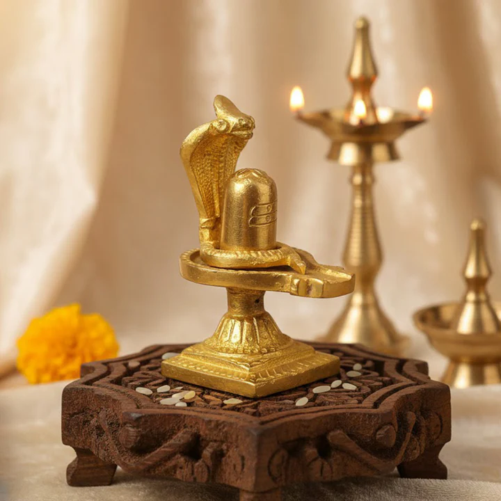 3.3 Inch Handcrafted Brass Shivlingam with Nag