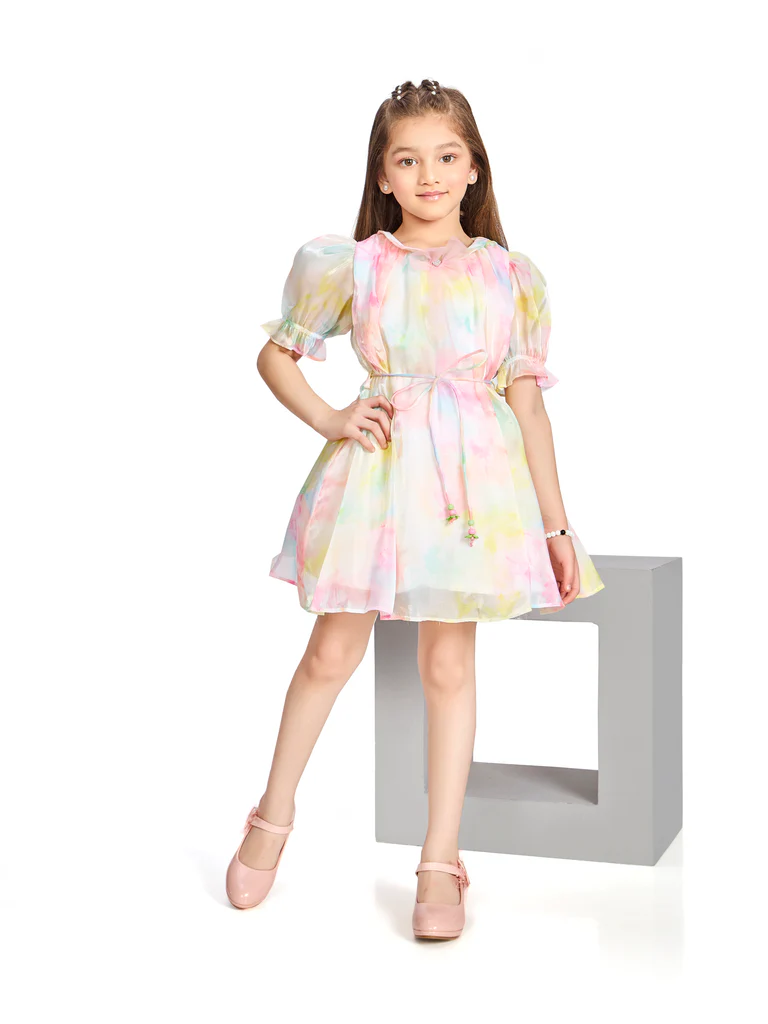 Girls Abstract Print Dress with Belt