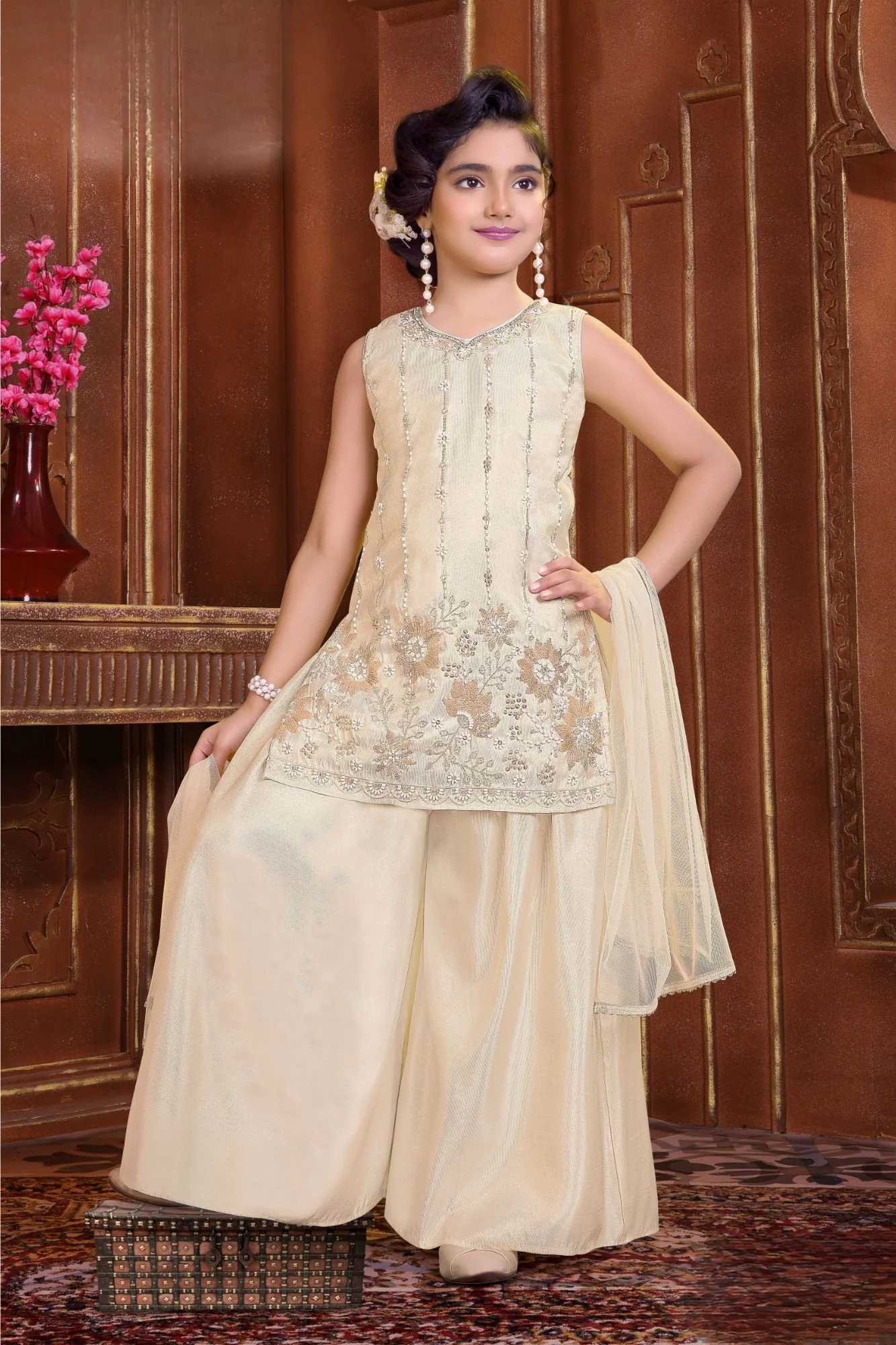 Girls Cream Palazzo Set with Floral Embroidered Kurti And Dupatta