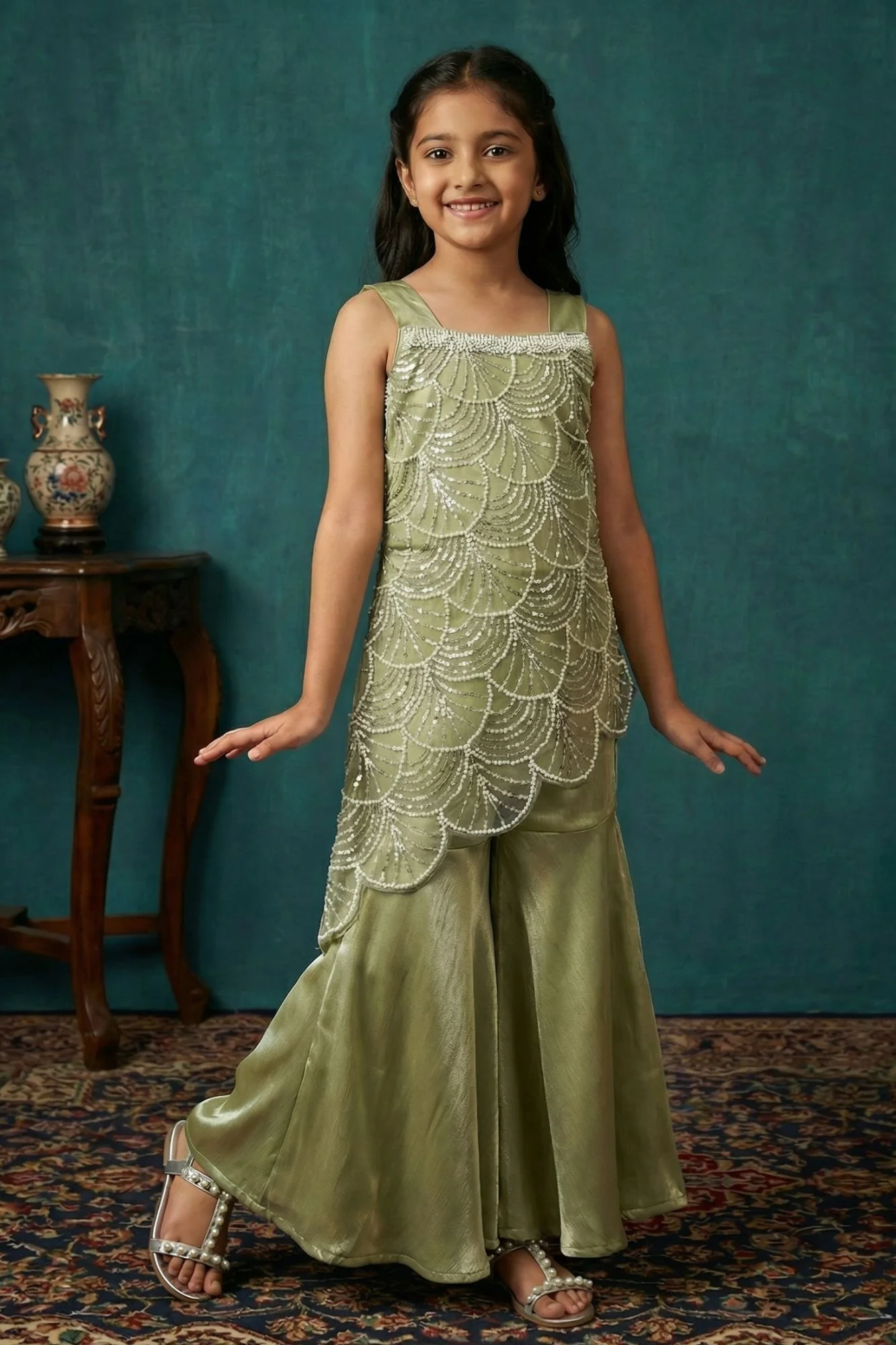 Girls Green Embroidered Sharara Set with Pearl Work