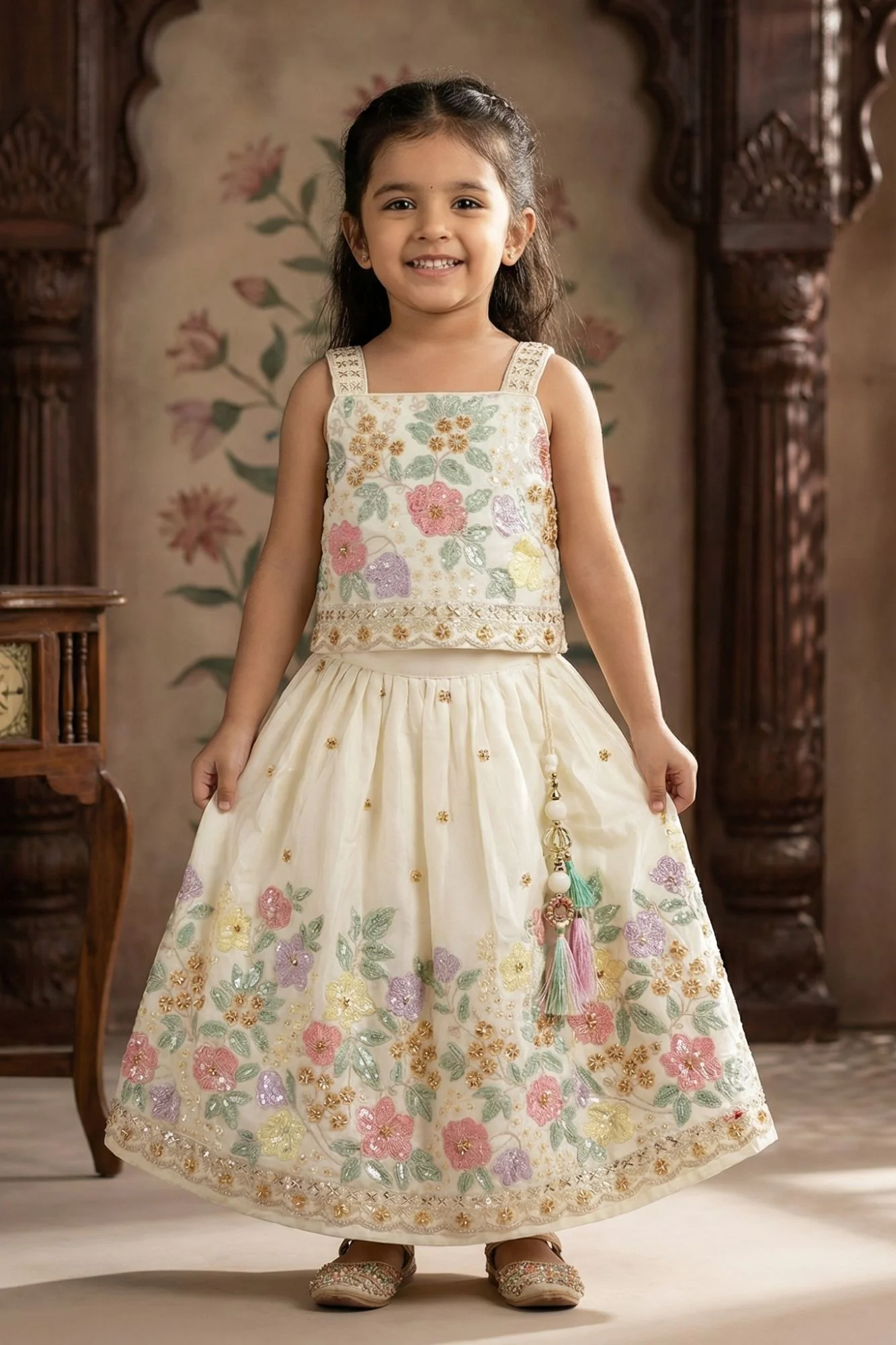 Girls White Floral Embroidered Lehenga Set With Dupatta