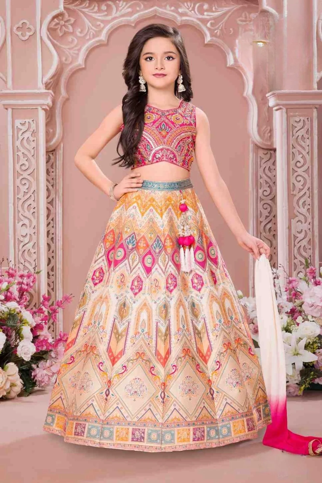 Multicolor Printed Lehenga Choli Set with Dupatta For Girls