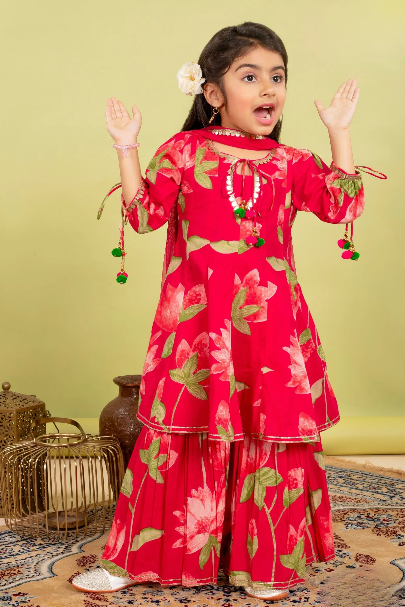 Girls Rani Pink Floral Print Sharara Set  Stylish Ethnic Wear