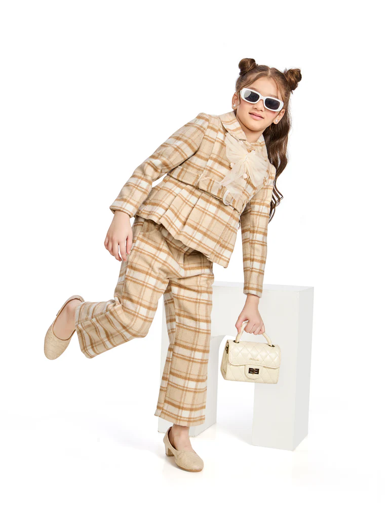 Girls Yarn Dyed Pant, Coat & Inner with Belt