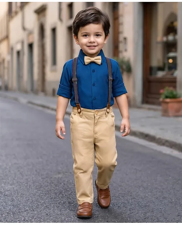 Babyhug Cotton Blend Knit Full Sleeves Solid Party Shirt & Trouser Set With Bow