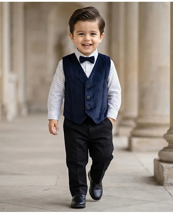 Babyhug Velour Woven Full Sleeves Polka Dot Printed 3 Piece Party Suits with Bow - Navy Blue