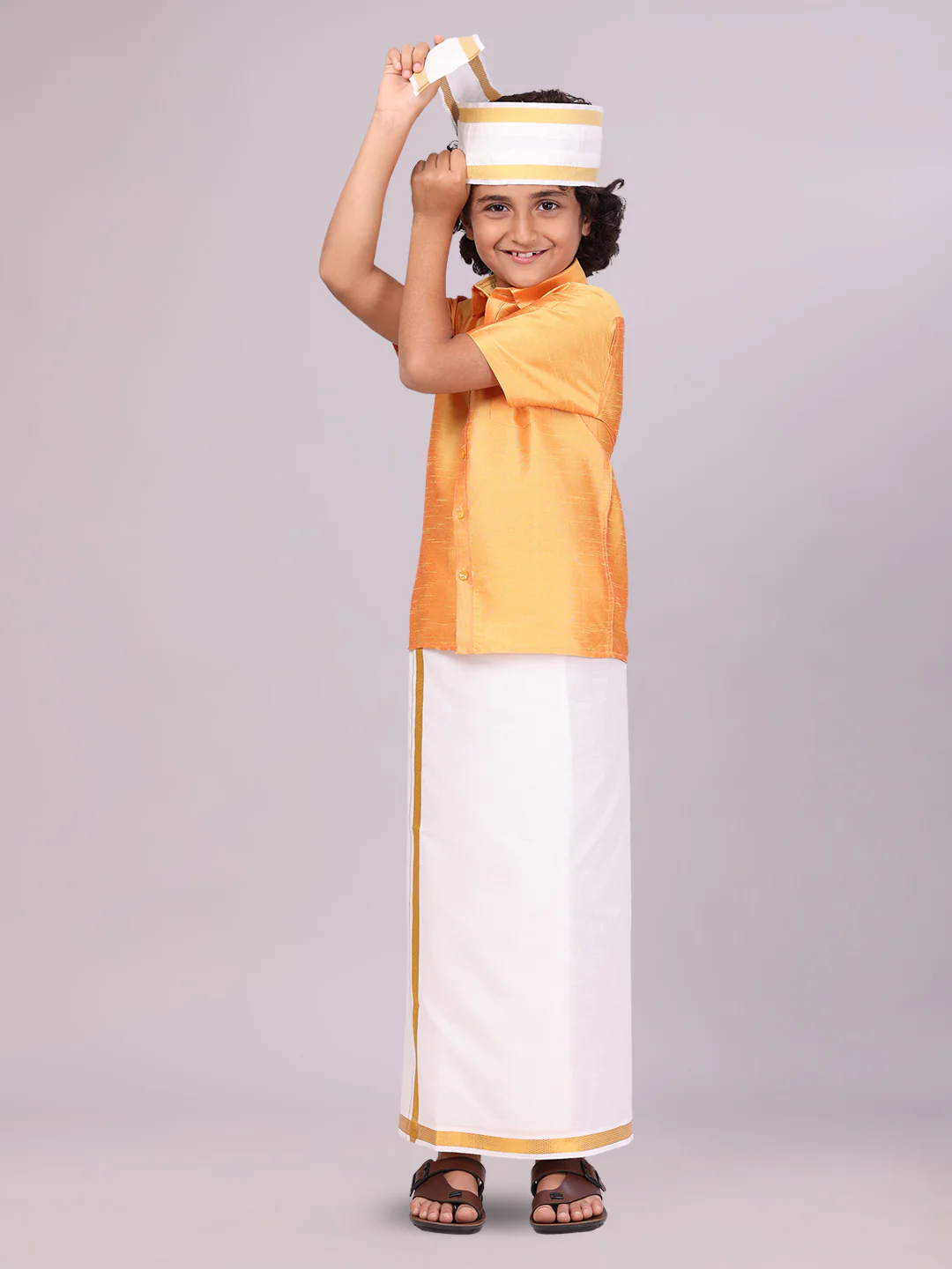 Golden Yellow Color Half Sleeves Shirt with Gold Jari Flexi Dhoti