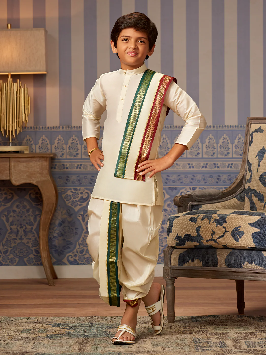 Boys Art Silk Cream Kurtas