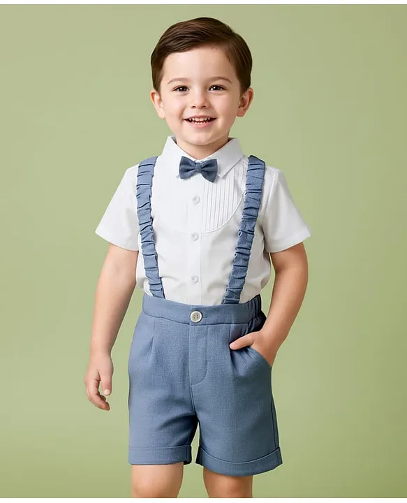 Mark & Mia Half Sleeves Pintucks Detailing Solid Color Shirt with Shorts & Bow Set