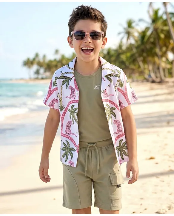 OLLINGTON ST. Cotton Knit Half Sleeves Printed Shirt With Inner Tee & Shorts
