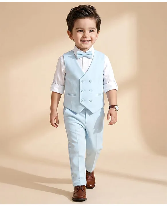 Babyhug Woven Full Sleeves Solid Color 3 Piece Party Suits with Bow - Aqua Blue