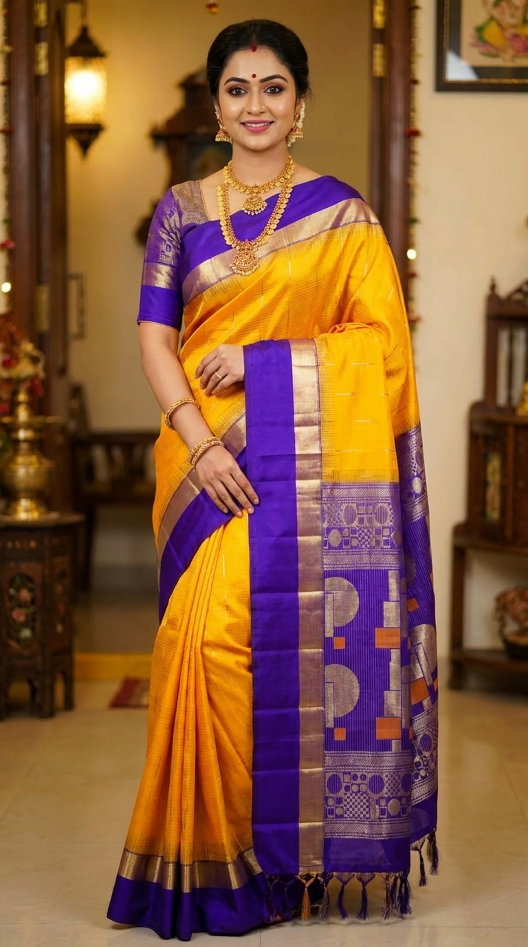 Yellow-Blue Kanchipuram Silk Sarees