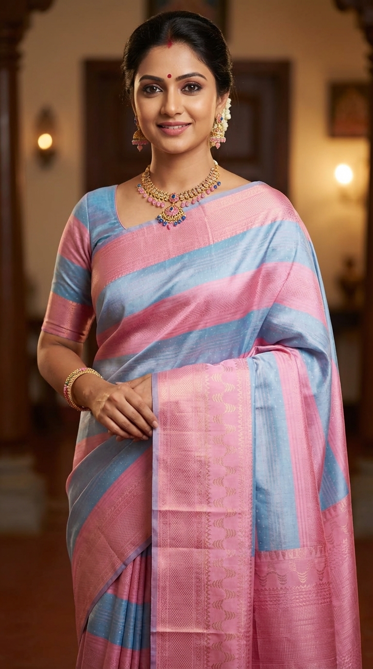 Pink-Sky Blue Kanchipuram Silk Sarees