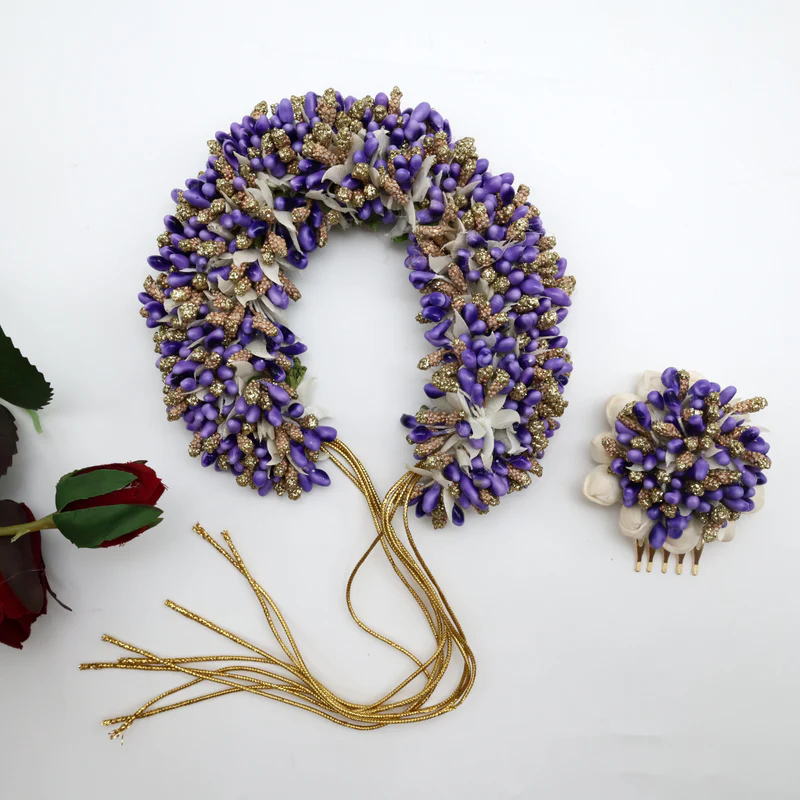 Handmade Pollen Bridal Veni with Jasmine Pollen Comb - Bluish Purple