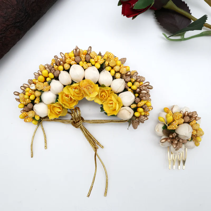 Handmade Pollen Jasmine Rose With Rose Mini Bridal Veni - Yellow