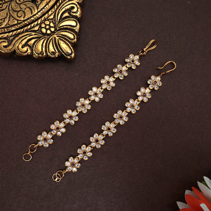 AD Flower Drops Bridal Straight Maatal Ear Chain - Ruby