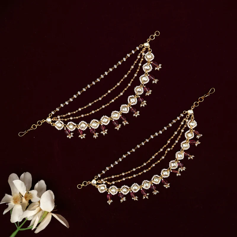 Premium 4 Layer Diamond Cut Pachi Kundan Bridal Ear Chains Maatal