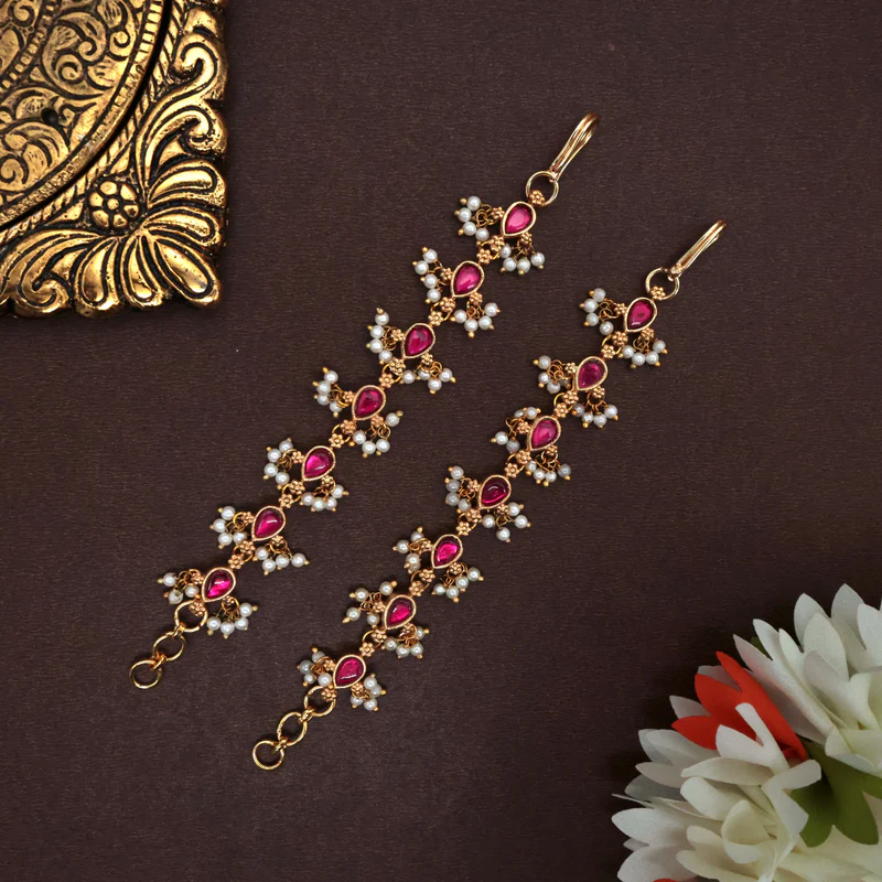 Jadau Kundan Drops Traditional Bridal Straight Maatal Ear Chain - Rani