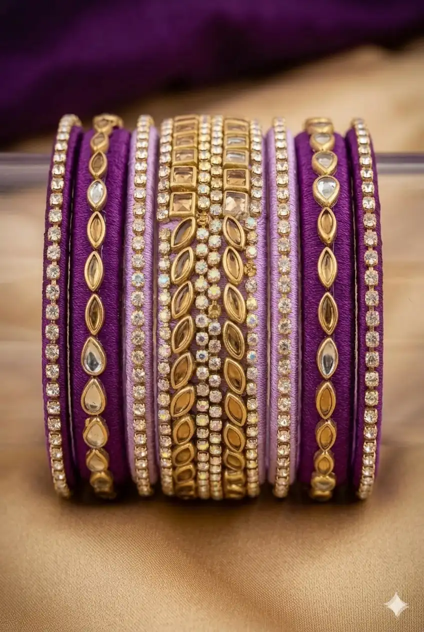 Premium Handcrafted Royal Purple Silk Thread Kundan & Crystal Bangle Set (Kada Stack)